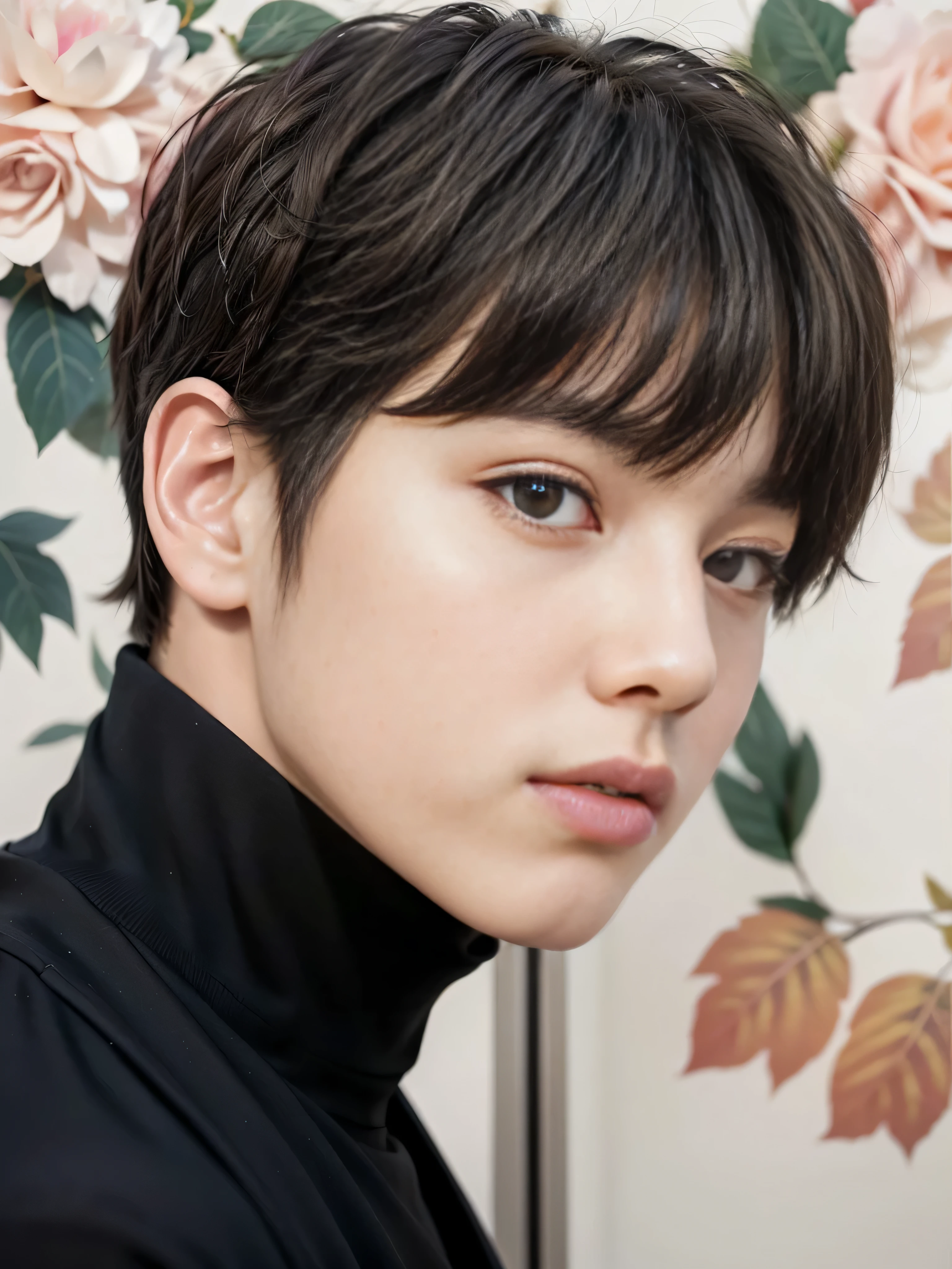 Jungkook de bts con una chaqueta negra y un cuello de tortuga negro., jungkook, jeon jungkook, pale korean adorable face, mandibula ligeramente marcada jeon jungkook, retrato, Jungkook Aesthetics
