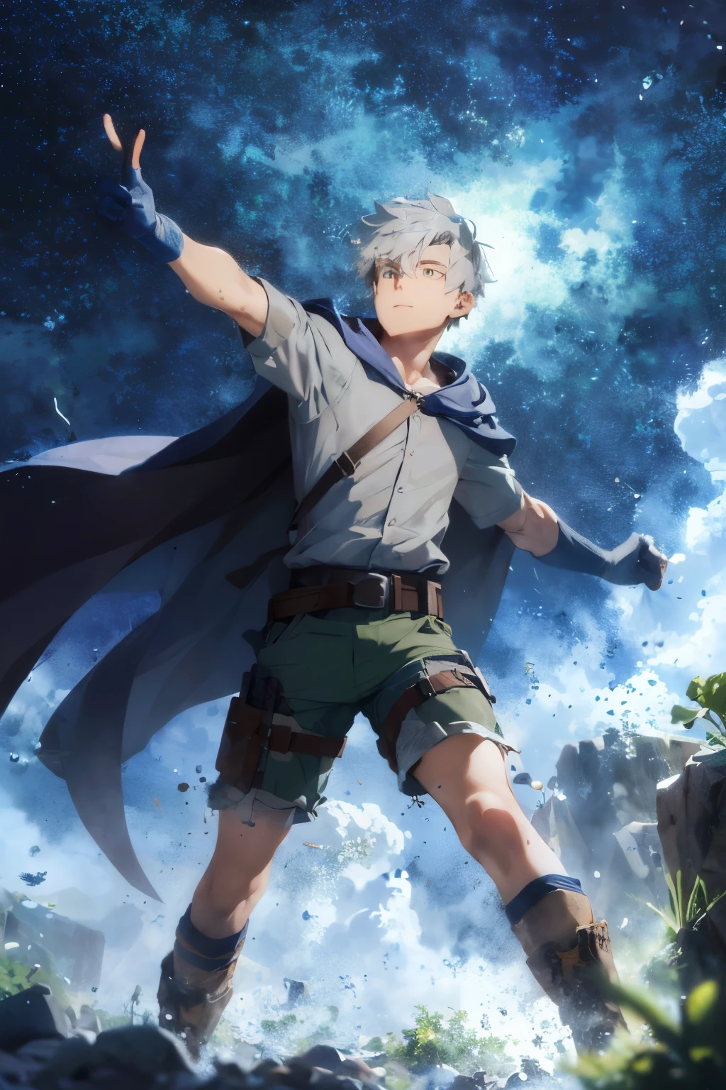 Design 1 man throwing a fireball., 22 year old man with dark blue hood and cape..Light gray hair Gray eyes Wears a white button-down shirt Wears green shorts Wears a brown belt Wears short brown boots Wears blue gloves on his hands. Crea un fondo de llamas ((mejorar rostro))