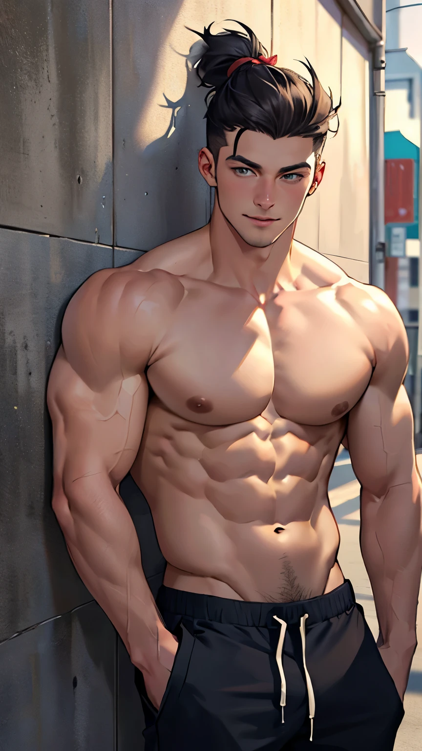 ((the best quality)), ((Masterpiece)), (details), perfect face, high definition, Masterpiece,4k,details clearly, Handsome face, white skin, perfect body, male body, strong muscles, abdomen, blue eyes, white skin, The most handsome man in the world, handsome, The coolest face, Male characters, close image (1man, shirtless), young man, mischievous smile, Extremely muscular tall man, open your eyes ((detailed eyes)), huge, muscular body and Massive, bulging pecs, muscular abs, narrow waist, short hair, blue eyes, delicate big eyes, carefree expression, Clear face, handsome (detailed face, perfect face) ((extremely realistic shadows, bodybuilding posture, human, ((22-year-old young man)), V shape, athletic pants, athletic, Shirtless, male hairstyle, Sunlight, Street wall,
low pants
