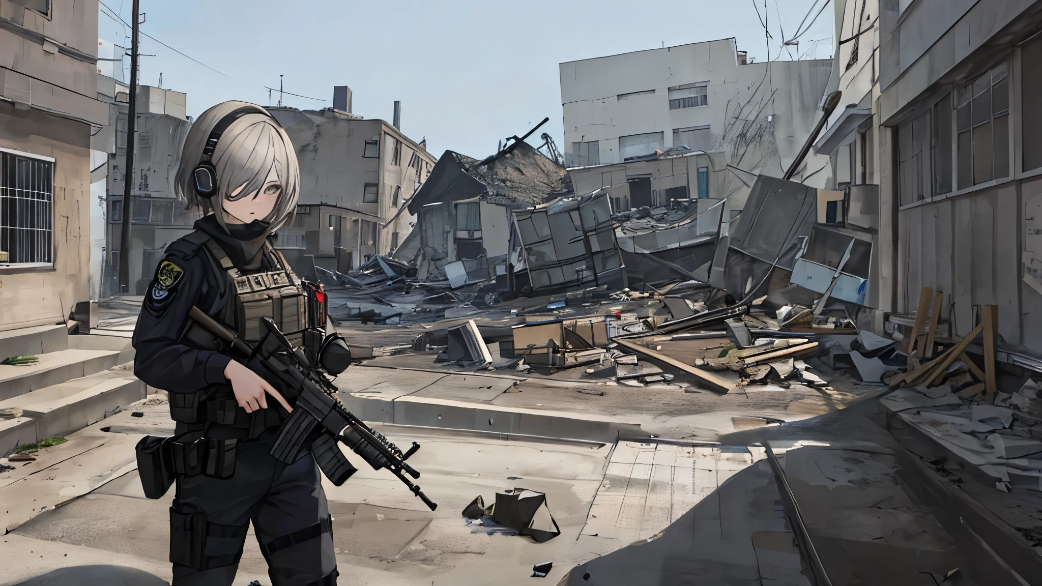 (best quality, high qualitys:1.3), 1girl, female_solo, (hair over one eye), short_hair, blonde-hair, ((tactical headset)), ((grey eyes)), ((tactical vest)), holding_weapon, holding, holding_gun, holding_rifle, rifle, assault_rifle, aiming, finger_on_trigger, gun, heckler_&_koch, mp5, street, destroyed buildings, damaged buildings