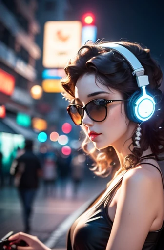 brown hair . beautiful woman，Curly hair and sunglasses，Wearing full size headphones - headphones or surround dark room neon cyberpunk at night coordinator neon glow