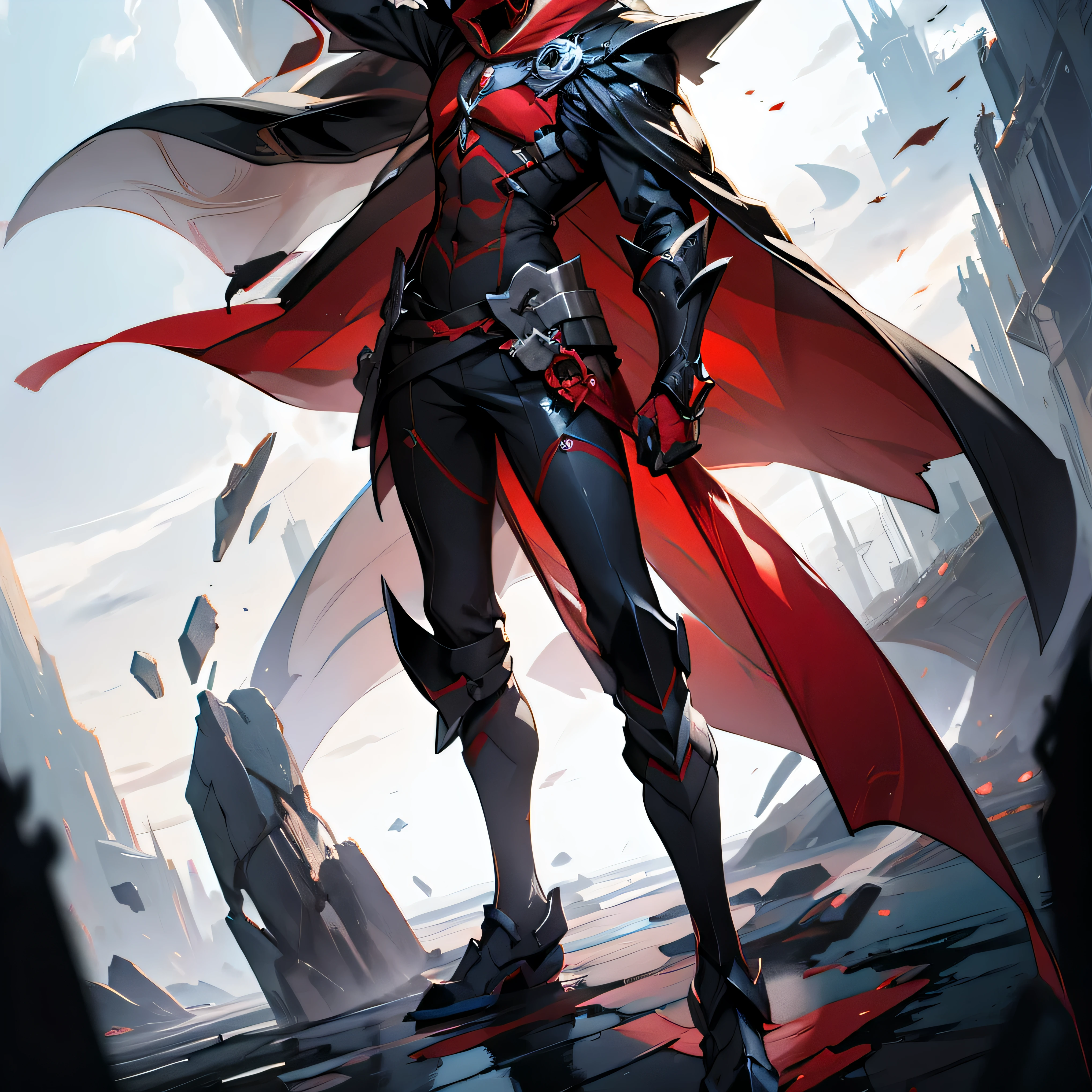 anime character with red cape and black cape standing on a rock, benedick bana, style of duelyst, style of raymond swanland, by Yang J, persona 5 art style wlop, anthropomorphic raven knight, by Shen Zhou, rossdraws digital painting, rossdraws 1. 0, inspired by Raymond Swanland, rossdraws 2. 0