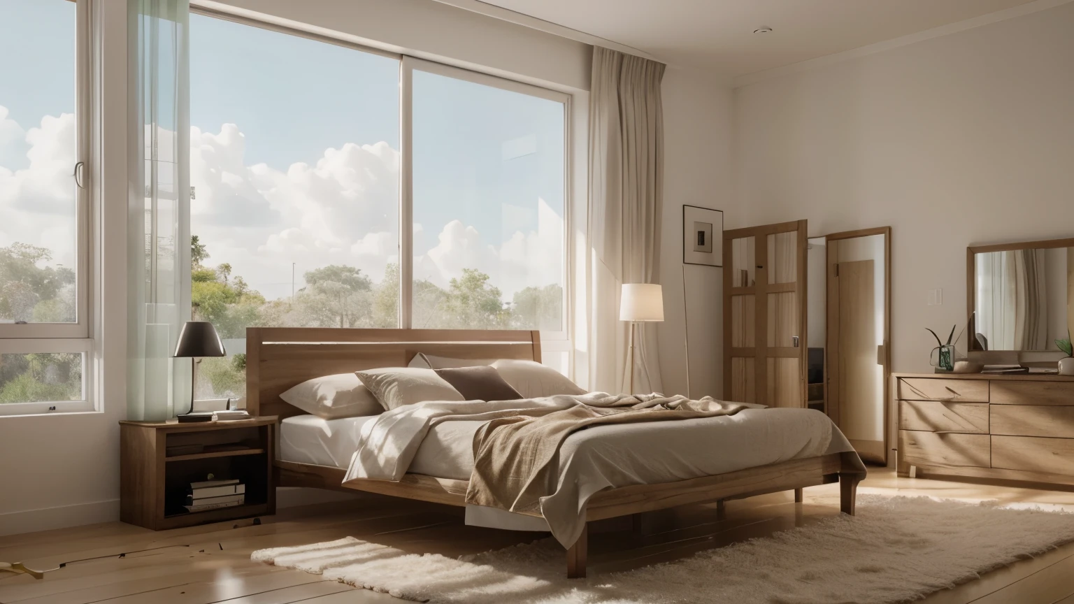 Quarto com uma cama grande e uma grande janela, natural realistic rendering, ambiente relaxante, natural window lighting, vray renderizado, natural indoor lighting, 8k vray rendering, super realistic vray rendering, luz natural no quarto, renderizado no lumion pro, 8k vray rendering, hyper-realistic detailed rendering, realistic physics rendering, very realistic render
