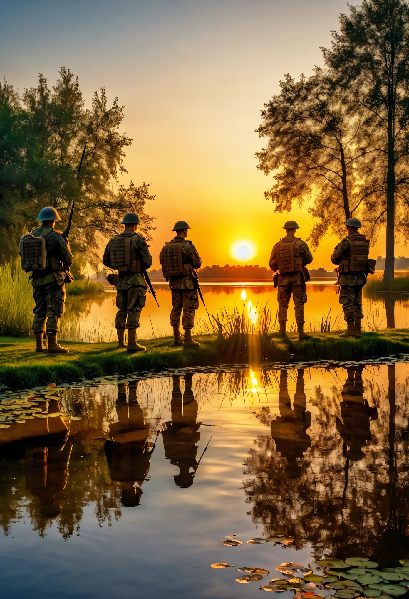 realistic photo, Masterpieces, fantasy, evening pond, several soldiers standing on the edge of the pond by the shore, watching the sunset and the low hanging sun, sun reflections on the water, beautiful evening colors, golden hour, beautiful lighting and long shadows, HDR, raw photo,  8k, ultra details