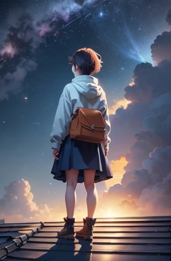 Anime girl standing on the roof looking at the starry night sky, anime wallpaper 4k, anime wallpaper 4 k, 4k anime wallpaper, anime art wallpaper 8k, Anime Art Wallpaper 4k, anime art wallpaper 4k, anime style 4k, Makoto Shinkai Cyril Rolando, 4k comic wallpaper, anime wallpaper, amazing wallpapers, meteor