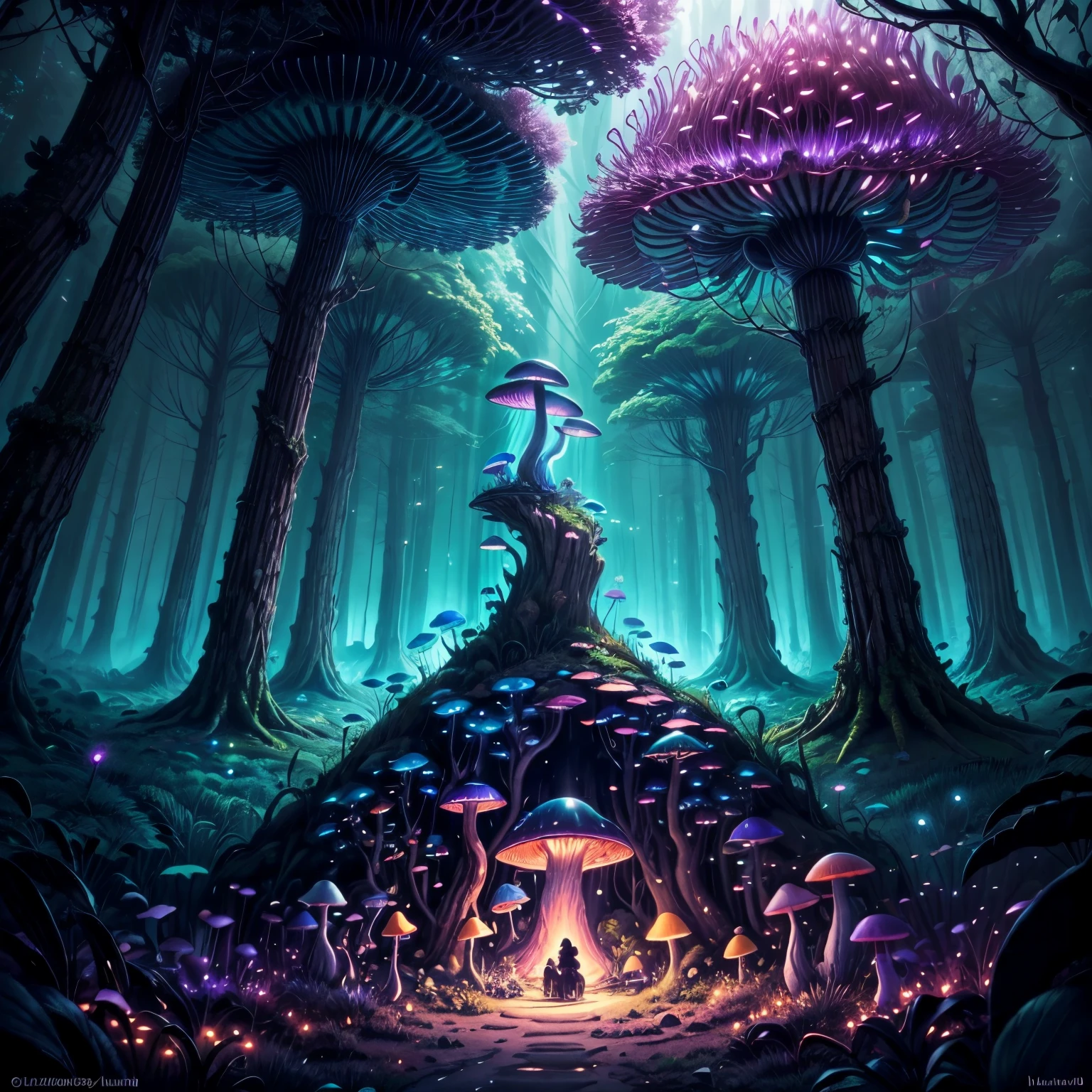 (best quality,4k,8k,highres,masterpiece:1.2),ultra-detailed,(realistic,photorealistic,photo-realistic:1.37),giant bioluminescent mushroom,magical mushroom forest,butterflies,fireflies,colorful vibrant mushroom,forest ambiance,lush greenery,mysterious glow,twinkling lights,enchanted atmosphere,ethereal beauty,magic in the air,outdoor scene,peaceful,serene,dream-like,fantasy,mythical,otherworldly,natural wonder,flora and fauna,bioluminescent glow,illuminated,magical essence,mysterious creatures,ethereal glow,mushroom spores,glowing ecosystem,intricate patterns,glowing dots of light,faint fluorescence,softly glowing mushrooms,creating a mesmerizing display,dark and mysterious,hidden treasures,luminous,illuminating the surroundings,tranquil night scene,nighttime enchantment,colorful fungi,soft pastel hues,rays of moonlight illuminating the forest,mystical energy,biological marvel.