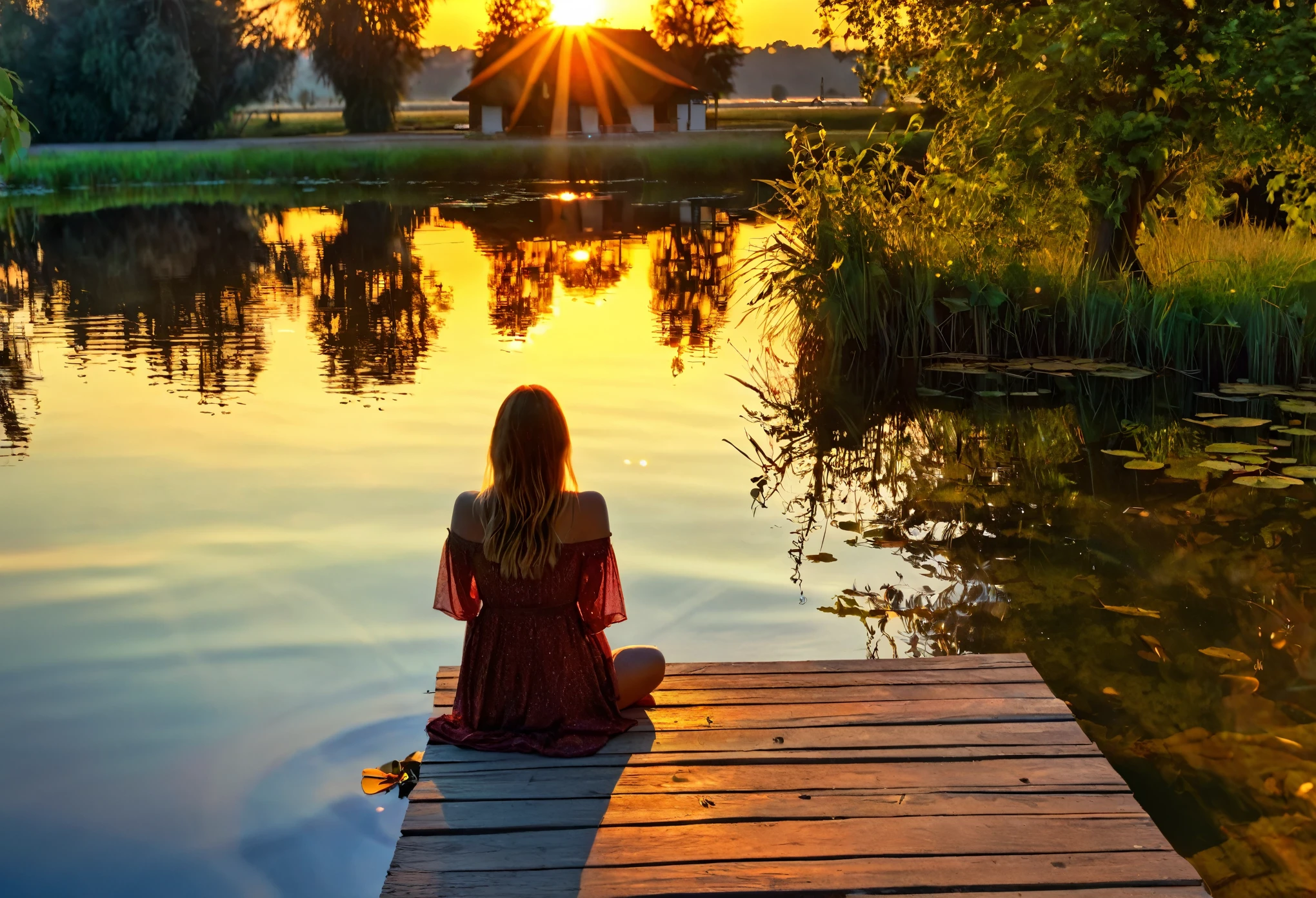 realistic photo, Masterpieces, fantasy, evening pond, small pier on the water, woman sitting at its end with her feet in the water, watching the sunset and the low hanging sun, sun reflections on the water, beautiful evening colors, golden hour, beautiful lighting and long shadows , HDR, raw photo, 8k, ultra details