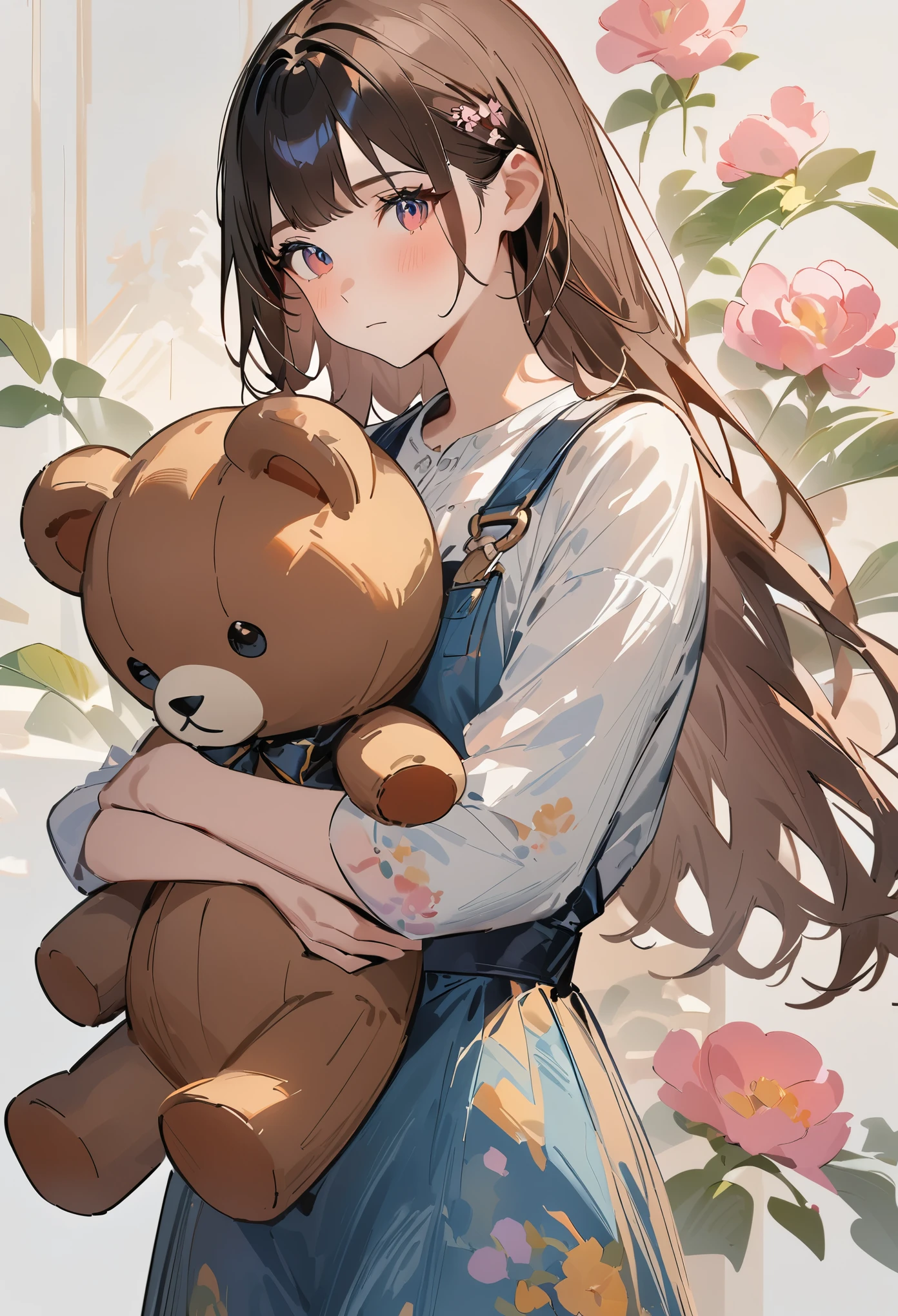 (((simple configuration)))、(((The background is a white wall:1.2)))、one girl、(((hug a giant teddy bear)))、perfect anatomy、painterly、sketch、very delicate、wall with cloud-like pattern、、Floral、delicate depiction、abstract、Bright colors overall、Gentle color、Taisho romance、(masterpiece、highest quality、highest quality、official art、beautiful beautiful:1.2)、