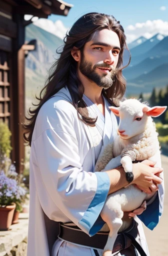 Jesus,portrait, soft light, A man with long brown hair and a beard, Wearing a white robe and blue belt, Holding a lamb in my arms, smile softly, Mountains and clouds in the background, 8K, painting