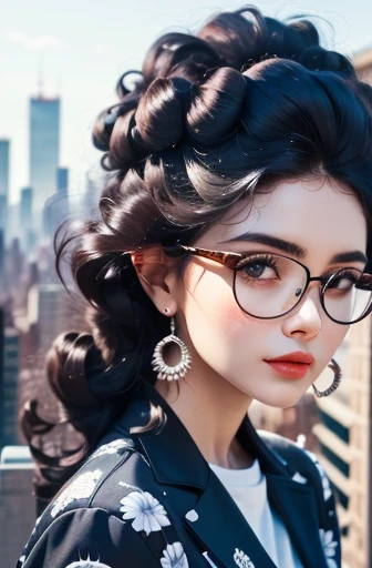 spider suit, spider web print, spider web, Xia, masterpiece, absurd, fine details, high dynamic range, ((The face and eyes are very detailed)), lifelike,, focus on eyes,, Standing on the roof of a skyscraper, ((no mask on)), looking at the audience, Smile, black hair, Boy Focus, big hair, curls, round glasses, earrings, , New York architectural background,