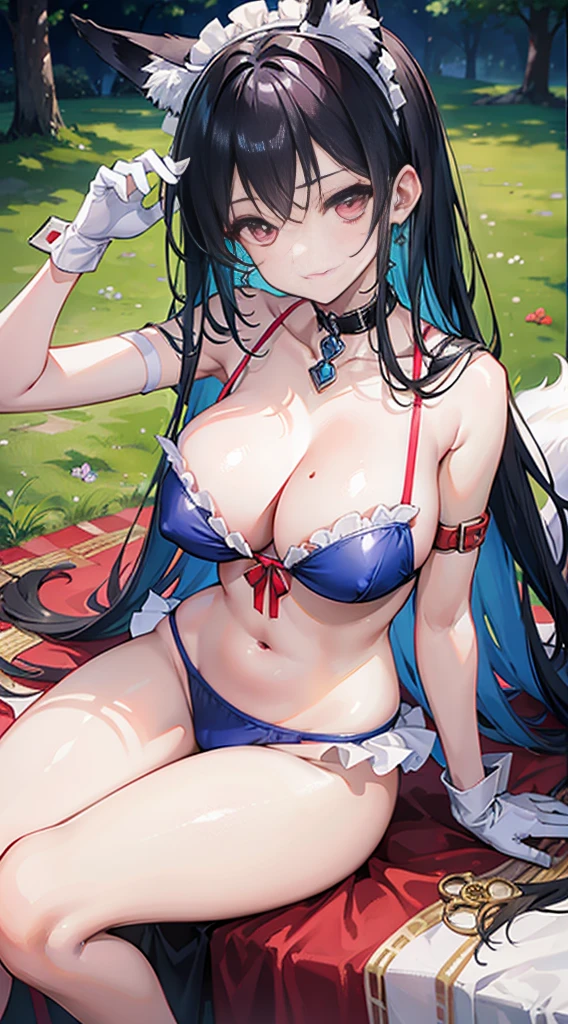 high quality, masterpiece, super detailed, 1 girl,  top view，extremely detailed faces, Blue striped bikini，White gloves，white christmas stocking，Red Lantern，red christmas carpet，maid crown，crazy,handcuffs，collar，Calm expression,Smile，handcuffs，collar，long black hair, charming pink eyes, fox ears, Ridiculously big, shiny skin, Outdoor sports, garden, Medieval western town, 