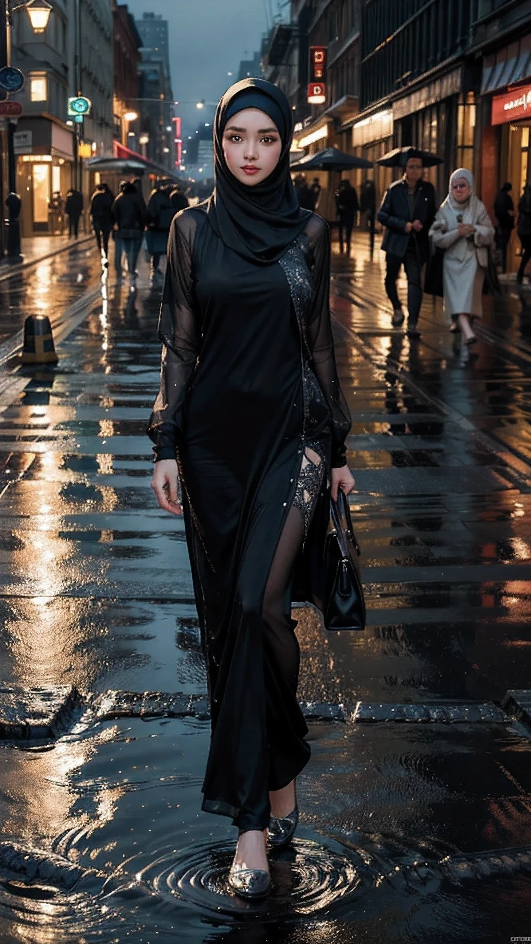 Masterpiece, high quality, insine detail, ultra detail, 8k, very high res, full body, raining, night, light city, beautifull body, full hijab, wet, general