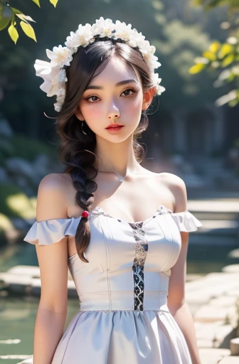 Film portrait photography, 1 girl, bare shoulders, Shoulder length wavy hair, serene, calm, (Realistic and detailed eyes, natural skin texture, Realistic facial details), Soft dramatic lighting, depth of field, Bokeh, Vibrant details, meticulous, surreal, 35mm film, hazy, Movie,