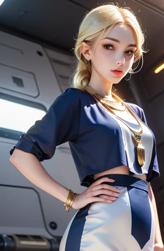 Young blonde anime, aesthetic body, dark blue eyes, Pair it with a white outfit with blue details, on a spaceship, With a gold necklace