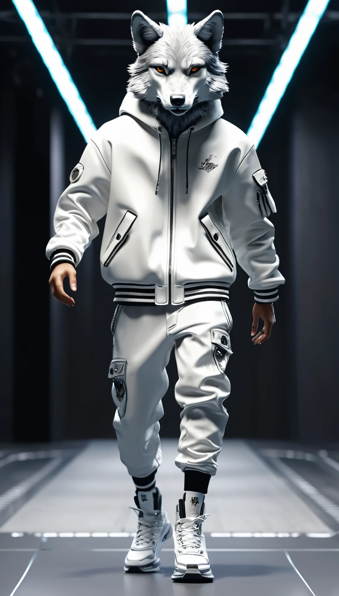 (((walk runway))), Anthropomorphic humanoid wolf wearing (((luxury streetwear))), (((small head))), 8k, realistic, materials, atmosphere, fashion design, highly detailed, whole body, digital backgrounds, lighting