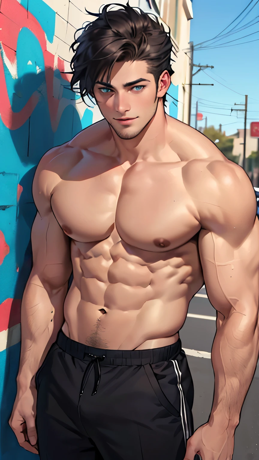 ((the best quality)), ((Masterpiece)), (details), perfect face, high definition, Masterpiece,4k,details clearly, Handsome face, white skin, perfect body, male body, strong muscles, abdomen, blue eyes, white skin, The most handsome man in the world, handsome, The coolest face, Male characters, close image (1man, shirtless), young man, mischievous smile, Extremely muscular tall man, open your eyes ((detailed eyes)), huge, muscular body and Massive, bulging pecs, muscular abs, narrow waist, short hair, blue eyes, delicate big eyes, carefree expression, Clear face, handsome (detailed face, perfect face) ((extremely realistic shadows, bodybuilding posture, human, ((22-year-old young man)), V shape, athletic pants, athletic, Shirtless, hairstyle, Sunlight, Street wall, lower pants