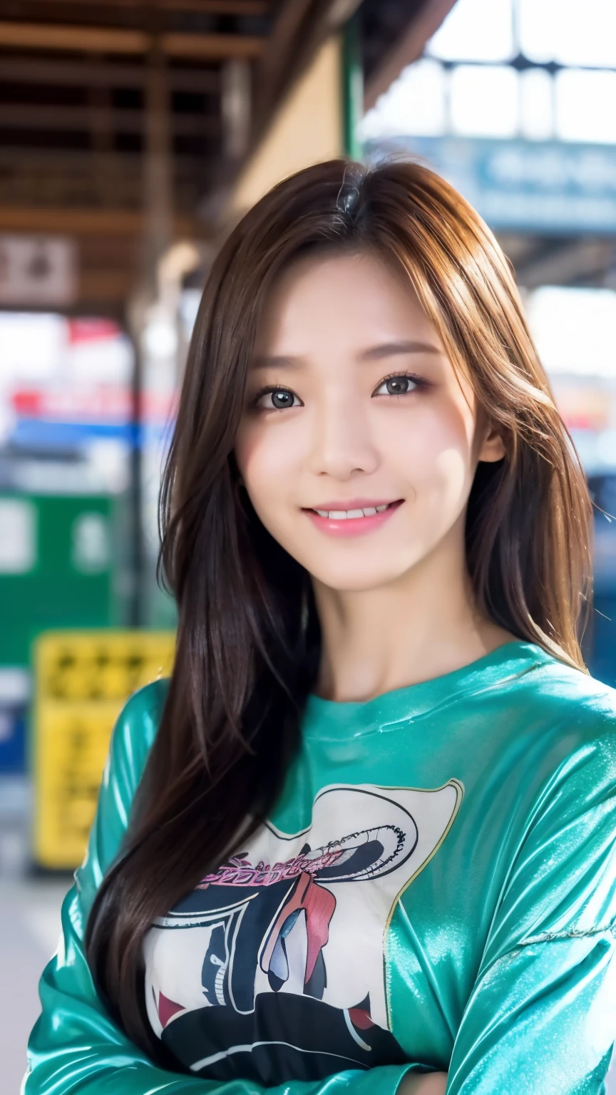 (((1girl)))((best qualtiy, 8K, tmasterpiece:1.3)),((Sharp:1.2, perfect figure beautiful woman:1.4, Slim abs:1.2)), ((Layered Hair Style, huge tit:1.3)),((Highly detailed facial and skin texture,A detailed eye,Black eye,double eyelid, droopy eyes)),(japan girl:1.5)(Brown Hair,Bob Cut)(Long-sleeved-shirt:1.8),(in station:1.3)Impish Smile(random pose)