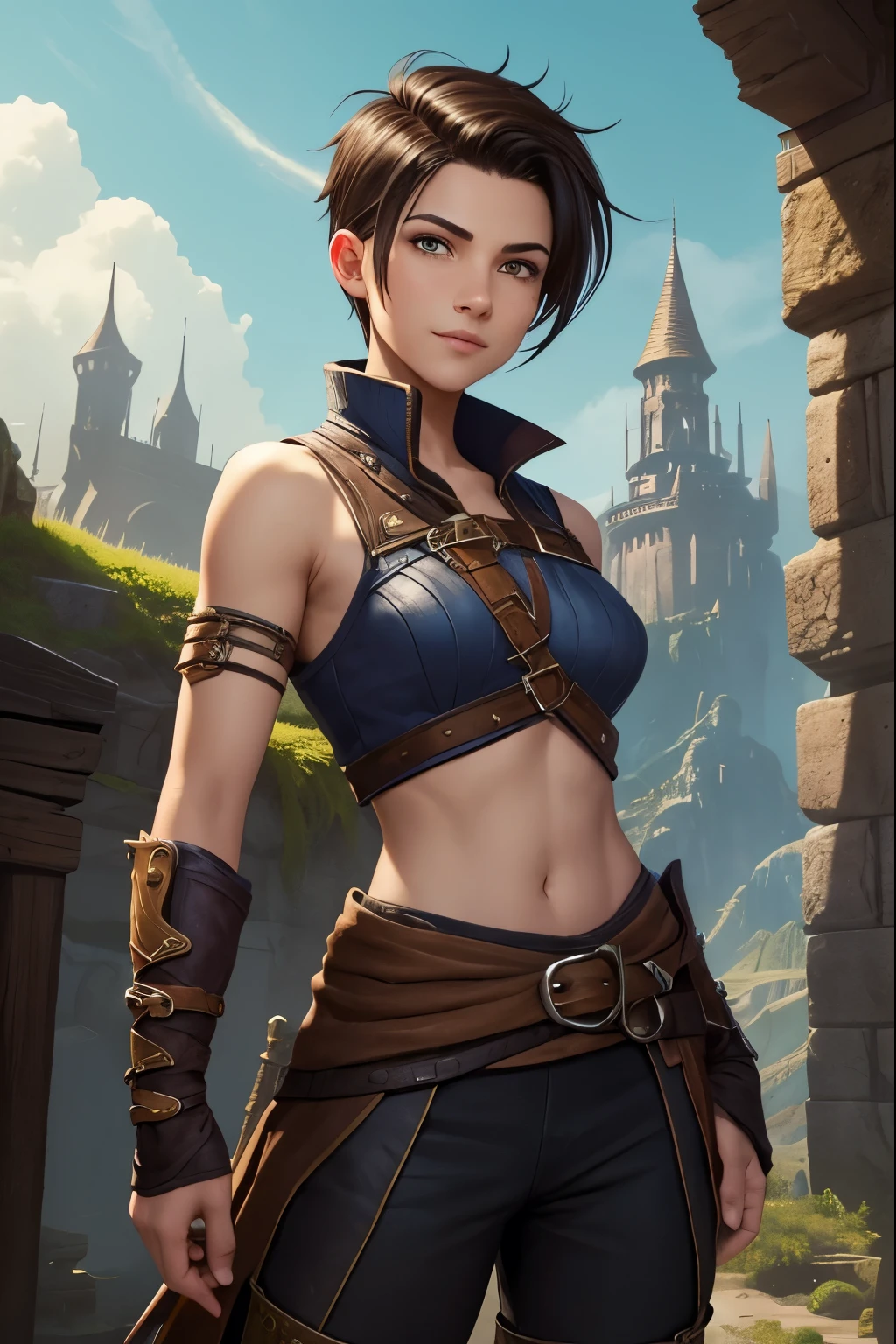 Jill Valentine, blue eyes, short straight hair, cute, torso tilted, confident smile, knight, magical, castle, chain mail, crest on chest plate