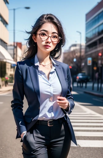 (8K, original photo, best quality, masterpiece: 1.2), (actual, photoactual: 1.37), 1 woman in suit standing on the sidewalk, city View, sky, sunny morning, professional lighting, photon mapping, Radiosity, brazilian woman, tear, shirt, woman in suit, silk suit