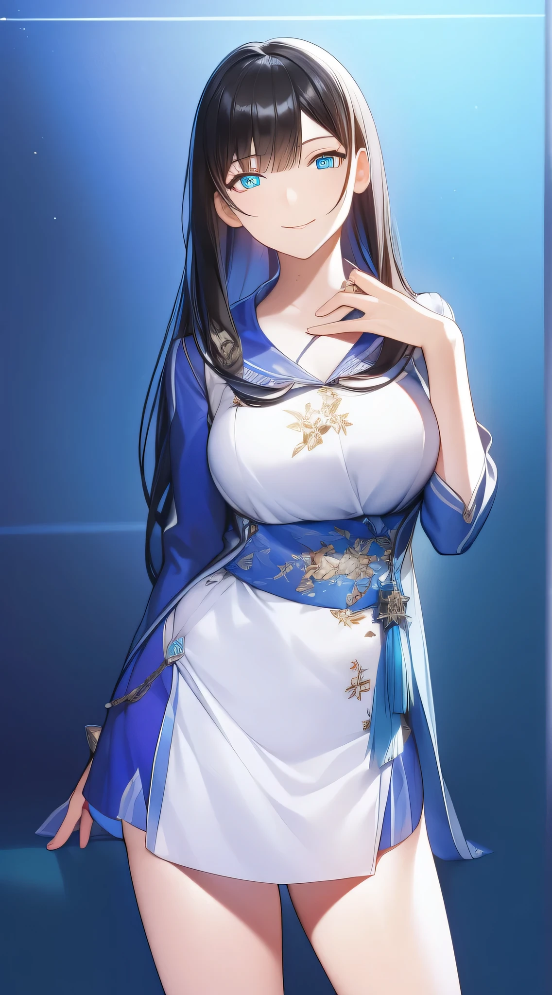 sumire, long hair, black hair, front pony, sexy, seductive, cyan eyes, medium breast, creme clothes, standing, visual novel cg style, seductive smile, BREAK looking at viewer, BREAK (masterpiece:1.2), best quality, high resolution, unity' 8k wallpaper, (illustration:0.8), (beautiful detailed eyes:1.6), extremely detailed face, perfect lighting, extremely detailed CG, (perfect hands, perfect anatomy)