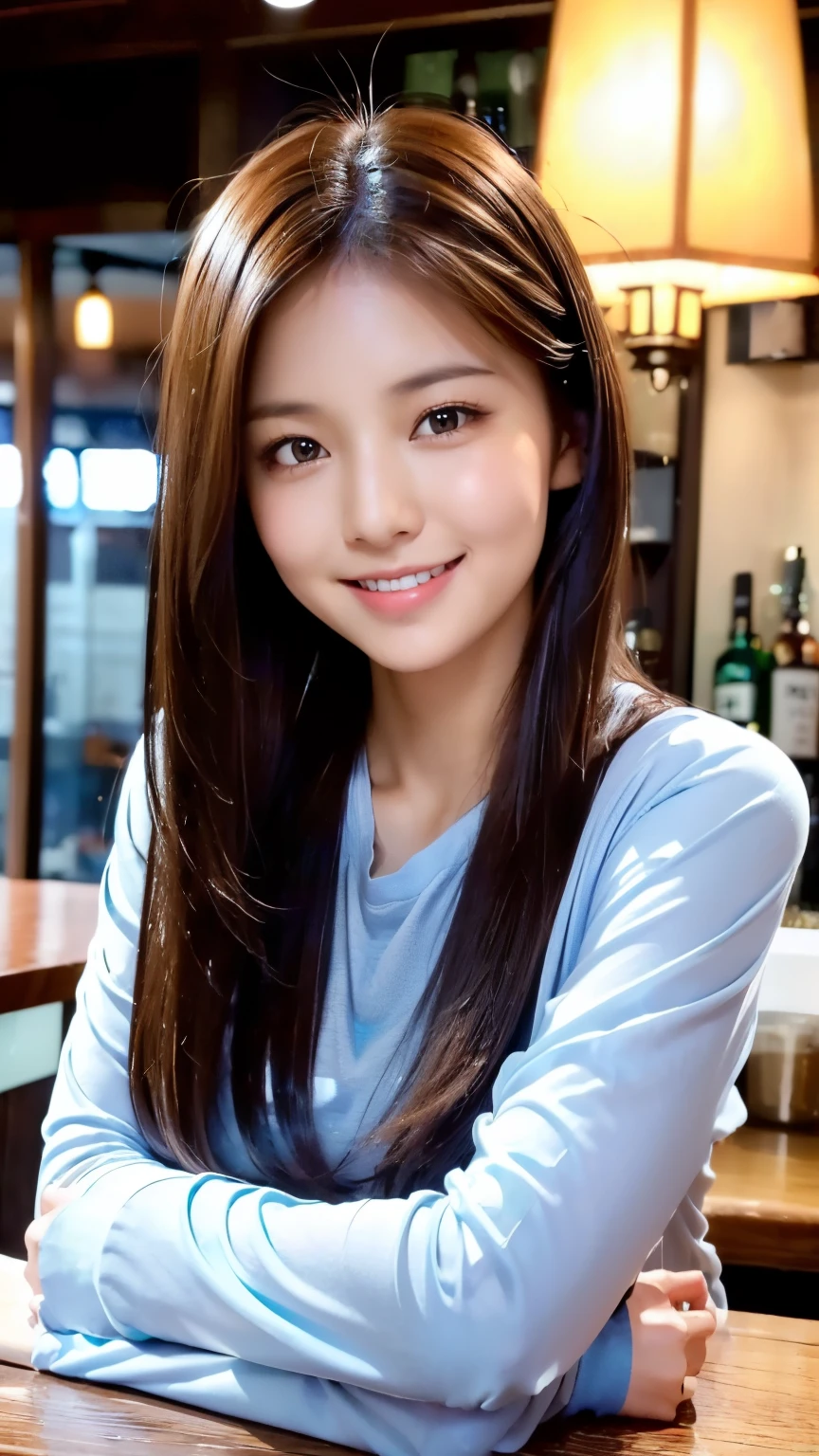 (((1girl)))((best qualtiy, 8K, tmasterpiece:1.3)),((Sharp:1.2, perfect figure beautiful woman:1.4, Slim abs:1.2)), ((Layered Hair Style, huge tit:1.3)),((Highly detailed facial and skin texture,A detailed eye,Black eye,double eyelid, droopy eyes)),(japan girl:1.5)(Brown Hair,Bob Cut)(Long-sleeved-shirt:1.8),(in bar:1.3)Impish Smile(random pose)