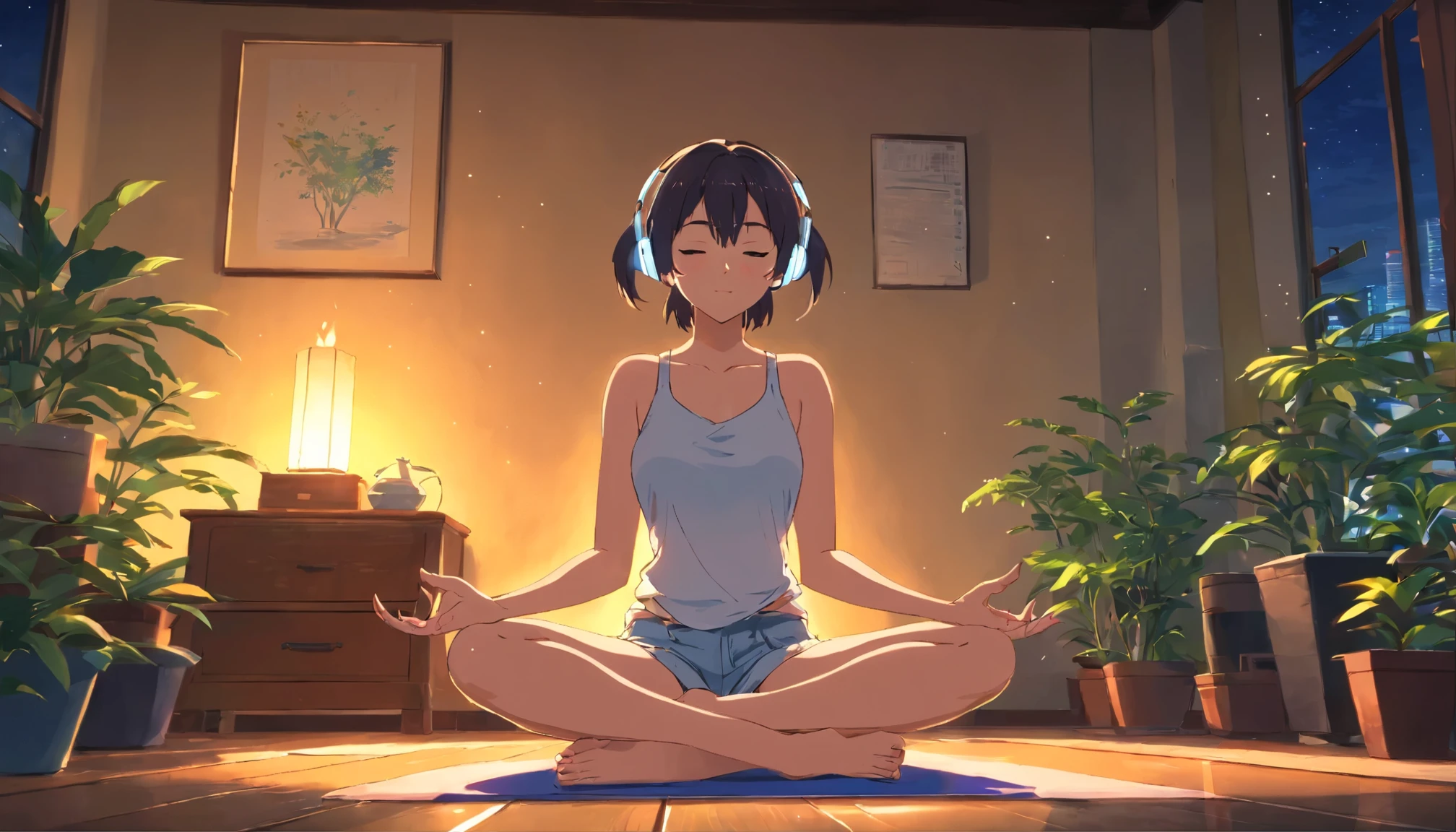 a girl, anime girl wearing white headphones, a cross-legged seated meditation pose, with hands resting on the knees and an upright spine, wearing a camisole, she is wearing a thong, T-back, thong, G-string, black hair, show off her buttocks, well-defined buttocks, 29 years old, Exposed cleavage, big breasts H-cup, accentuate the cleavage, accentuate big, revealing skin, Owner of beautiful legs, slim legs, slim waist, lovely pins, lofi girl anime vibes, lofi artstyle, anime style 4k, anime aesthetic, nightcore, lofi feel, lofi art, anime art wallpaper 4k, anime wallpaper 4k, lofi vibes, plants in the room, city view, white headphone, she is meditaing, she is sitting on the mat, mindfulness, Zen Meditation, Easy Pose, upper body straight, only one thick candle is lighting, a candle light up the room, full moon, short ponytail, Full body shot, full body, anime style, cinematic lighting, Sony FE GM, from behind, masterpiece, best quality, 4K, highres, super detail