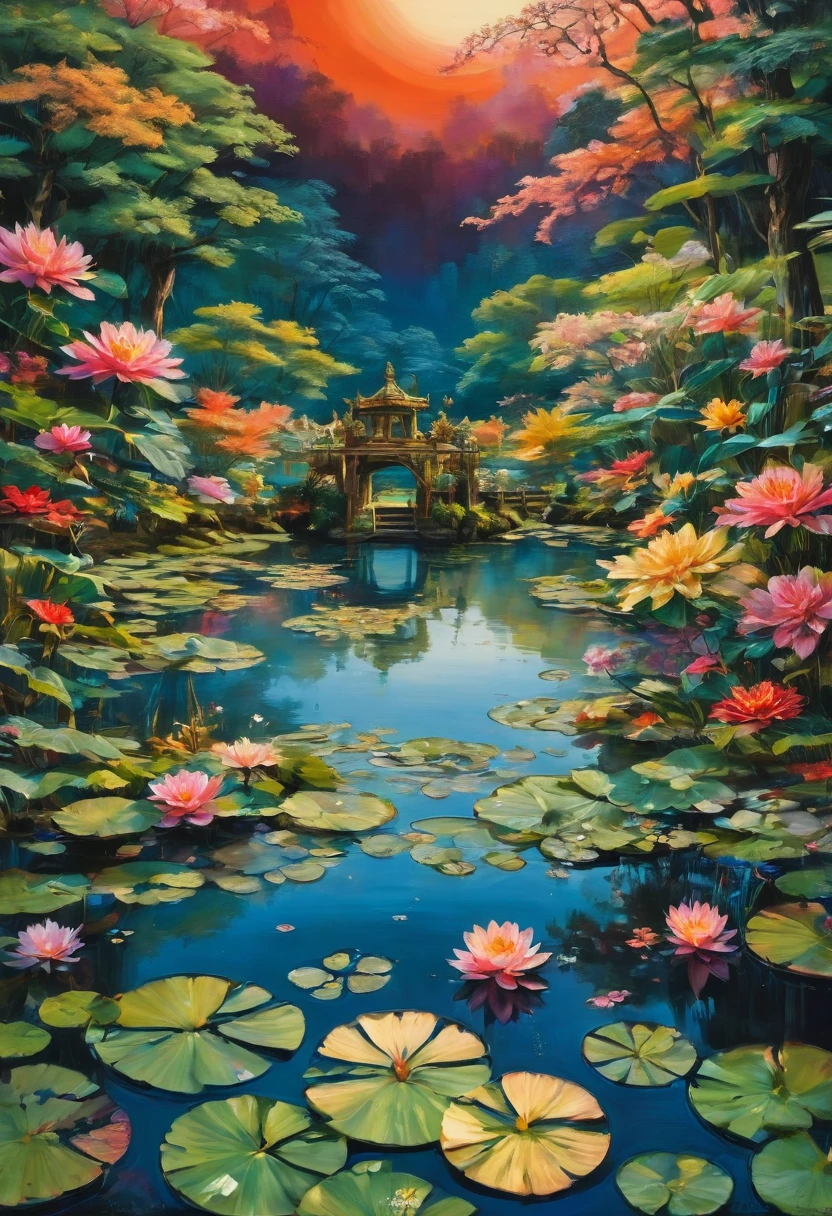Evening Pond, by Naoki Urasawa, best quality, masterpiece, very aesthetic, perfect composition, intricate details, ultra-detailed