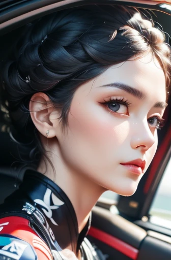 he saw, (database), Beautiful curves, attractive, short hair, Beautiful and delicate eyes, absurd, high resolution, Super detailed, (Highest image quality), (masterpiece), (detailed description of eyes), (8k wallpaper), (Detailed description of face), depth of field, (lens reflection), permanent, Lexus IS350 GT300 base model '08 beside, 黑色racing, (F1_racing_suit), actual, Stunning visual effects, car sticker, beach track, sunny