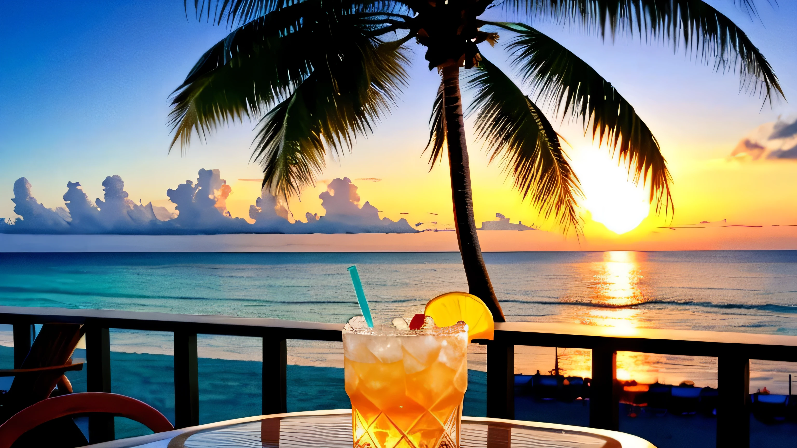 sunset、Seaside resorts, sandy beach, pleasant cozy atmosphere, near the beach, great masterpiece, cozy atmosphere, beautiful environment, outdoor environment, summer, summer morning, cozy environment, Cold glass full of iced carbonated drink on the table, Cocktail, fruits, bright midday sun, sea view in the distance, Palm groves and coconut groves in the distance, resort small house, ice cube, (Cute desserts: 0.4) dripping. It&#39;s full of carbonated drinks, translucent liquid, Daytime outdoor lighting (Beach1.5), tropical plants, hot weather, HD detailed, Wet watermark, hyper detail, 2k, 4k, 8K, movie, surrealism, soft light, Spread (ultra-fine glass reflection), and surrealism.Evening view、