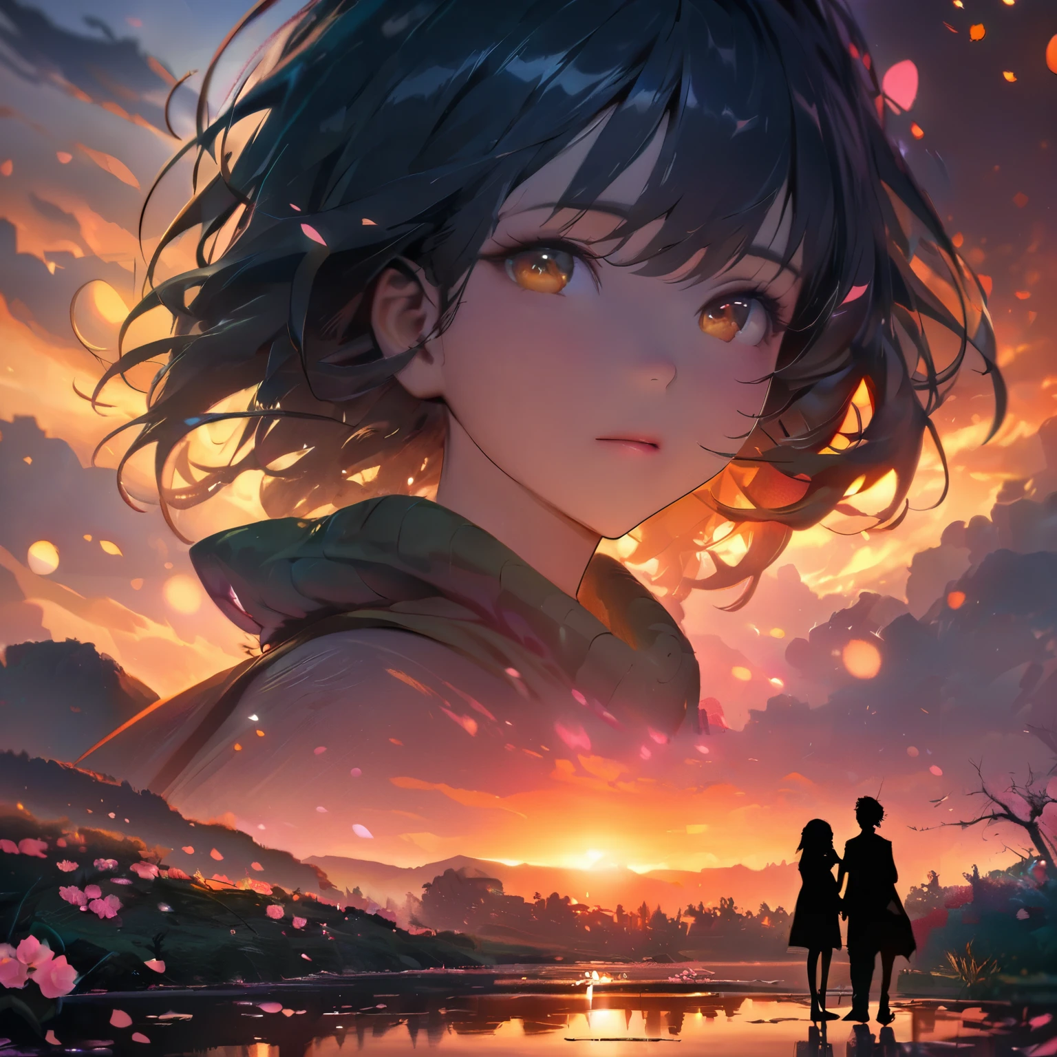 (best quality,8k,highres, masterpiece:1.2), ultra-detailed,HDR, UHD, studio lighting, ultra-fine painting, sharp focus, physically-based rendering, extreme detail description, professional, vivid colors, bokeh, portraits, concept artists, warm color palette, dramatic lighting,silhouette style,Pond at dusk, light reflected on the surface of the water, silhouette boy, silhouette girl, holding hands and watching the sunset, cherry blossoms blooming around the pond, flower blizzard,