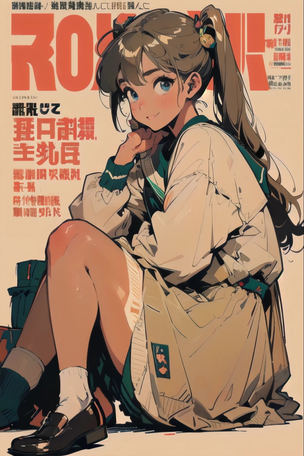 Vector illustration,beautiful anime-style girl, clean small surfaces, Lofiato, Cute 1 girl, highest quality、ウルトラ - High resolution、High resolution、Highly detailed CG、8k unit wallpaper、、detailed and beautiful eyes, long hair、pigtails、(((school dress: 1.5)))、(tan skin:1.8), (tanlines:1.3)、vtuber full body model、(shiny body,:1.5)、oversized windbreaker、((From the side:1.2 , Look at me with your chin resting on your chin))、(dynamic pose:1.1)、(magazine cover:1.4),blush, Sweat, please be shy、(Ahegao:1.5), stick out your tongue a little