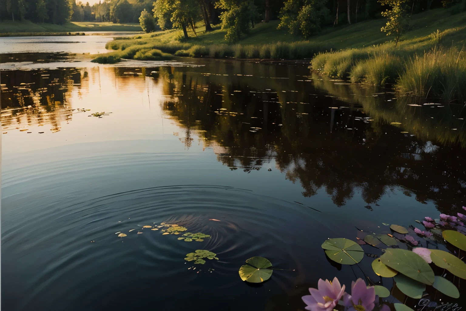  oil painting, evening Pond, beutifull landscape, reflection in Walter, detailed, Masterpieces,