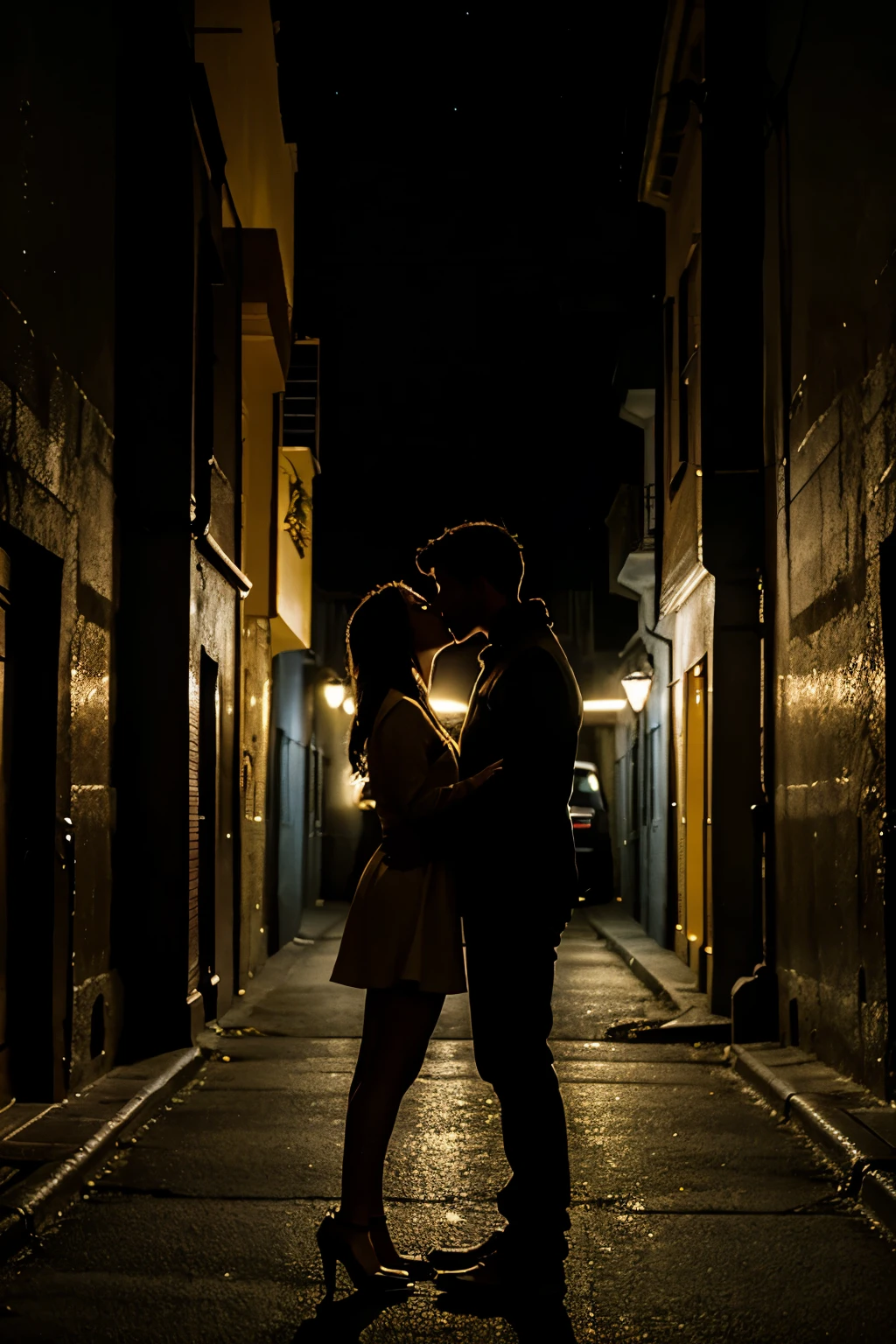 couple kissing in car, dark alley, dim yellow streetlight