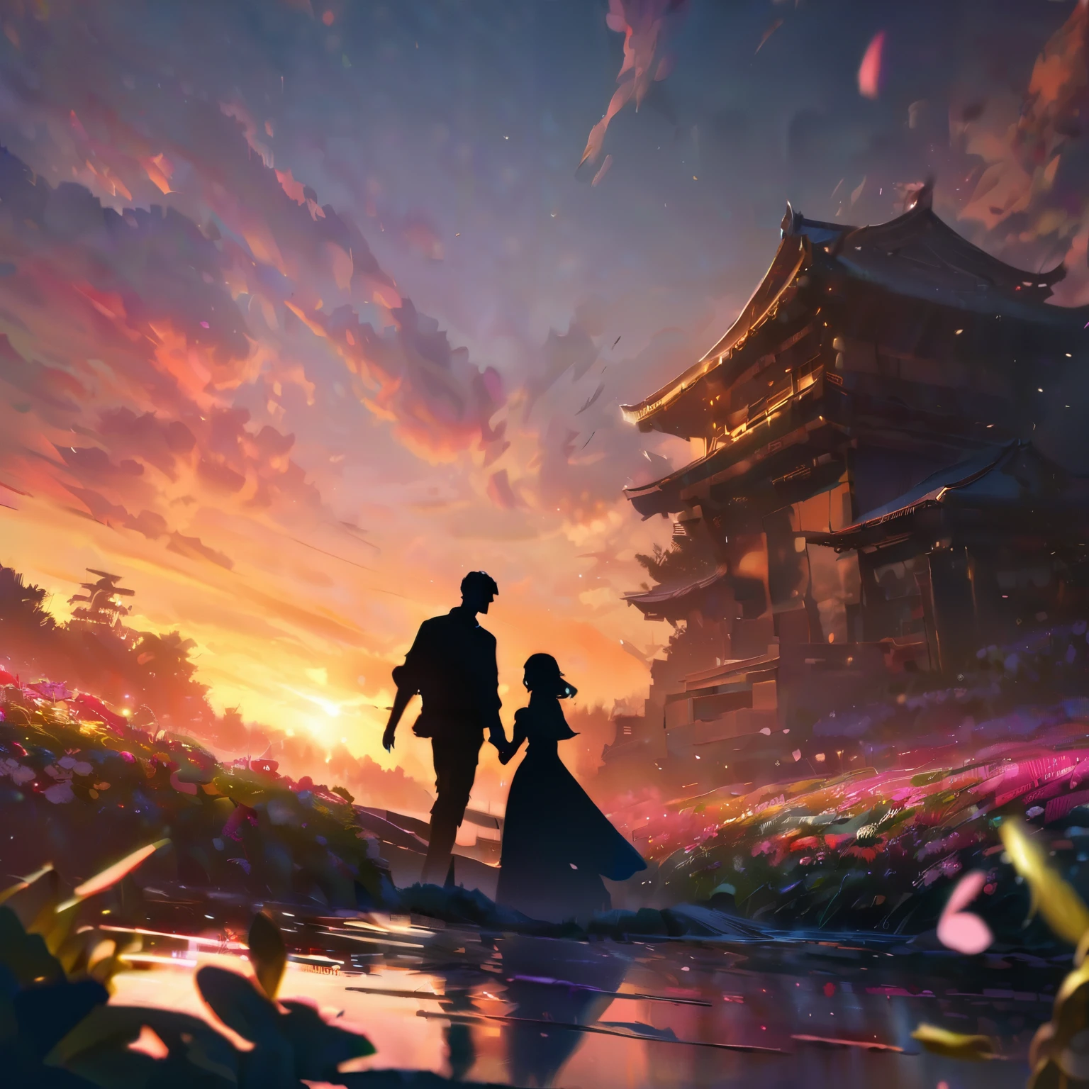 (best quality,8k,highres, masterpiece:1.2), ultra-detailed,HDR, UHD, studio lighting, ultra-fine painting, sharp focus, physically-based rendering, extreme detail description, professional, vivid colors, bokeh, portraits, concept artists, warm color palette, dramatic lighting,silhouette style,Pond at dusk, light reflected on the surface of the water, (silhouette boy, silhouette girl), holding hands and watching the sunset, cherry blossoms blooming around the pond, flower blizzard,