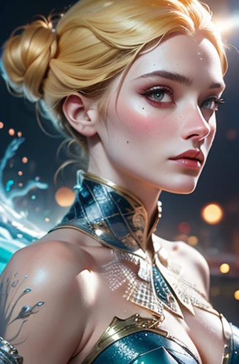 movie scene, Close-up of DC woman dressed as Aquaman, twisted space, Twisted undead creatures in the background, lens flare, optical axis, intricate details, Very detailed, Volumetric lighting, 4K rendering, picture, surreal, Realistic textures, dramatic lighting, Unreal Engine