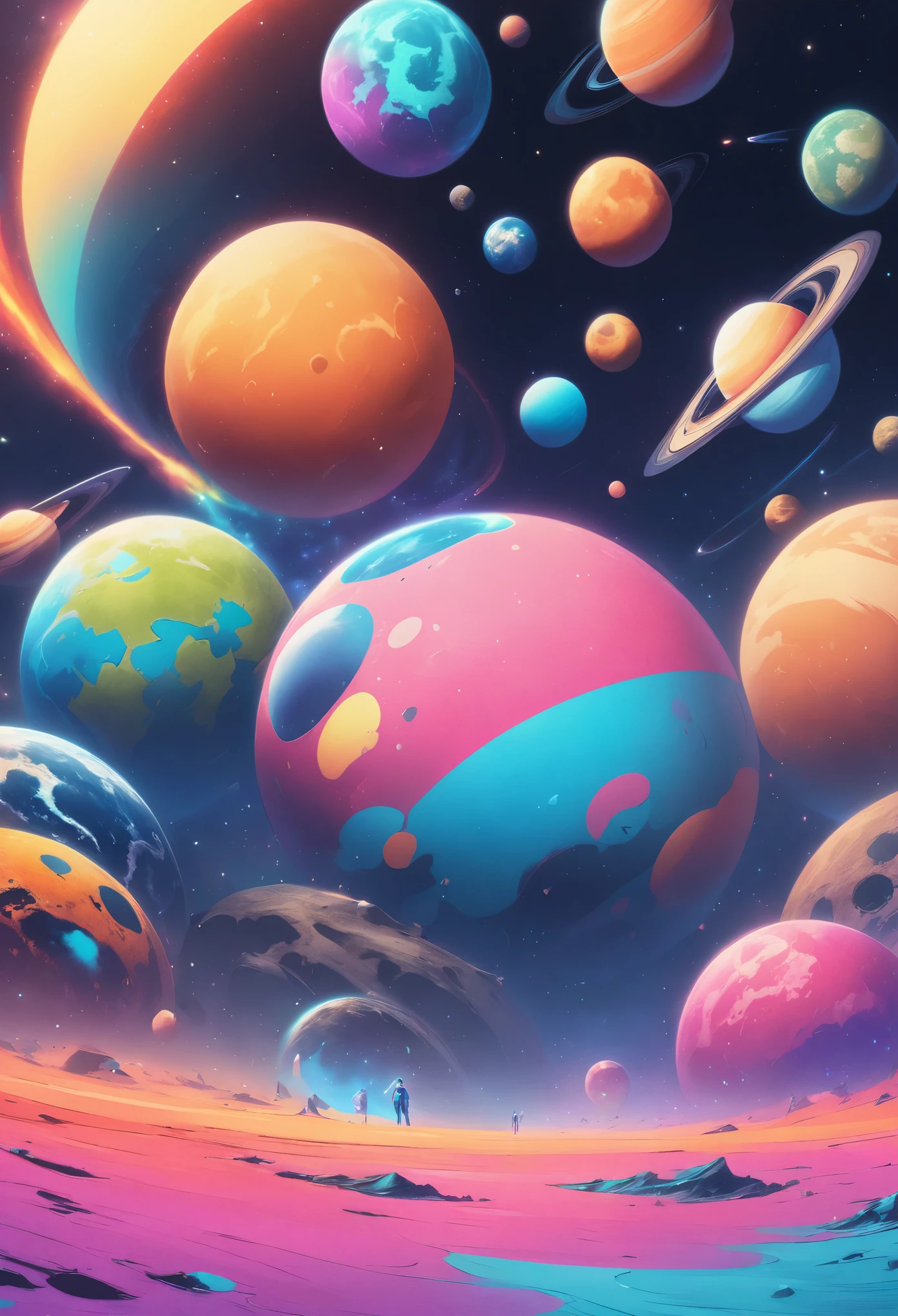 planet,space,fantasy,glow,colorful,big color block