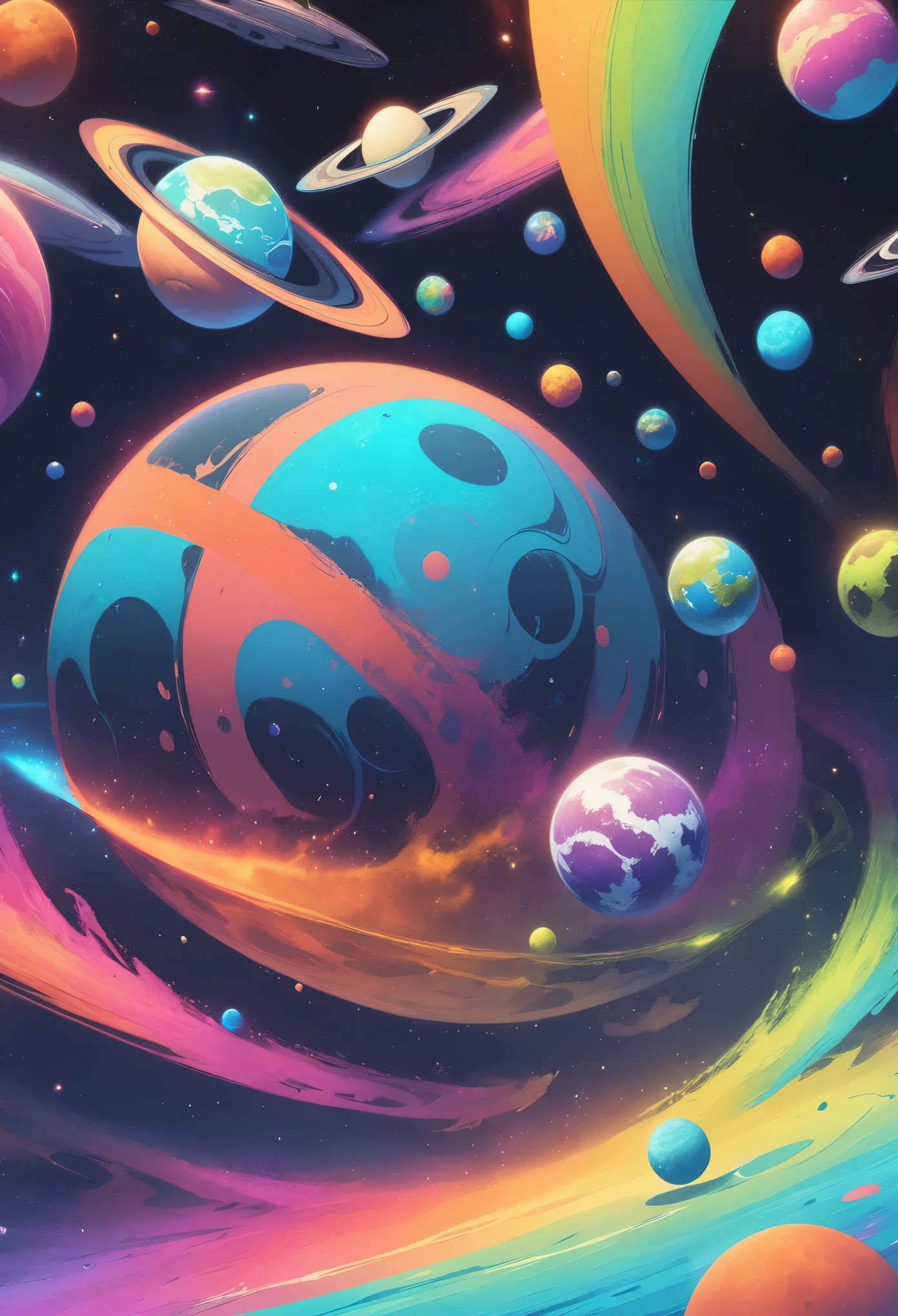 planet，space，fantasy，glow，colorful，big color block