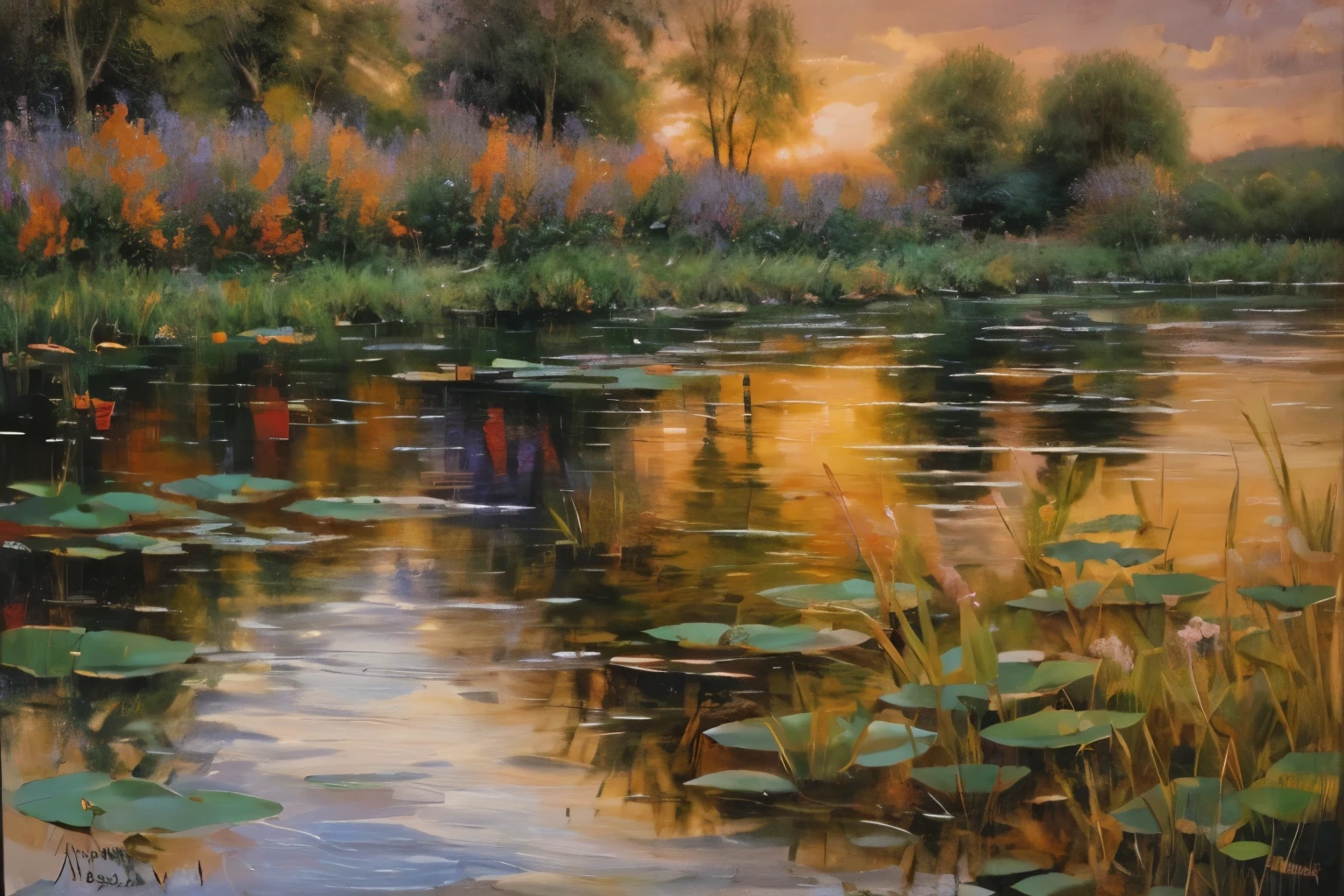 oil painting, evening Pond, beutifull landscape, reflection in Walter, detailed, Masterpieces,
