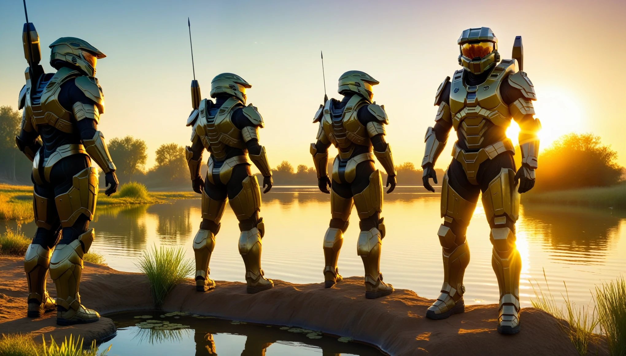 realistic photo, Masterpieces,sci-fi, fantasy, halo, evening pond, several soldiers (spartans) in armor standing on the edge of the pond by the shore, watching the sunset and the low hanging sun on alien planet, sun reflections on the water, beautiful evening colors, golden hour, beautiful lighting and long shadows, HDR, raw photo,  8k, ultra details