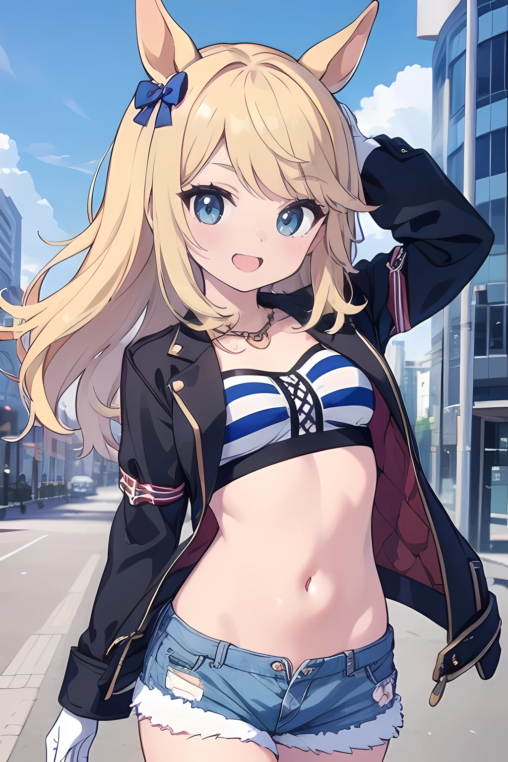 1girl, solo, blonde hair, long hair, blue eyes, horse ears, small breasts, (very young child:1.6), (navel, open jacket, blue_shorts,blonde_hair, arm_strap, white gloves:1.2), (masterpiece, best quality:1.5), (highres, ultra detailed, unity 8k wallpaper, shiny hair, arm up behind, in the city, (happy, cowboy shot:1.2), :d, blush, looking at viewer