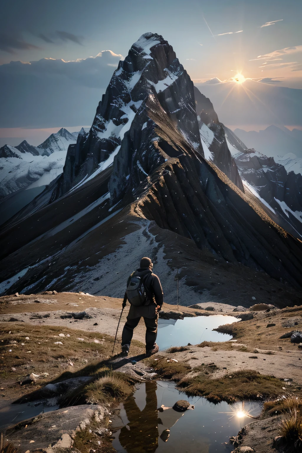 Generate a high-resolution image with advanced details and cinematic style, depicting a man engaged in a reflective struggle as he ascends a towering mountain peak. The man should be depicted in a dynamic pose, showing the exertion and determination in his journey to reach the summit. His facial expression should convey a mix of determination, introspection, and perhaps a hint of exhaustion, reflecting the daily struggles of life. The mountain should be depicted with rugged terrain and steep cliffs, emphasizing the daunting challenge ahead. Utilize advanced textures and lighting effects to convey the harshness of the environment and the emotional depth of the man's journey. The overall mood of the image should be one of resilience, perseverance, and the relentless pursuit of personal growth.