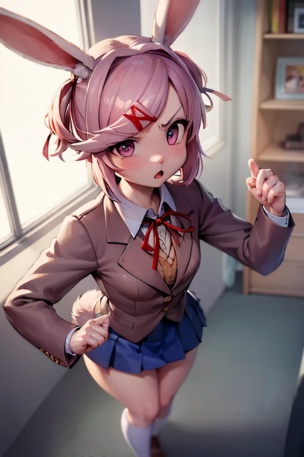 solo female,looking at viewer, masterpiece, best quality, bunny ears, pink eyes,furry,Natsuki from doki doki,bunny, furry, full body shot, solo,blazer, blouse, blue skirt, jacket, brown jacket, miniskirt, neck ribbon, ribbon, , shirt, skirt, white shirt,white fur,pink hair, (furry), bunny girl, bunny ears, ((body fur)), (smooth fur), bunny tail, blush,[not explicit content,sfw]hands behind,class room,class room background, looking to the viewer, angry face,angry eyes,tsundere,small girl,view from above,flat breasts,flat chest, red ribbon,red ribbon on hair, fluffy fur, grey fur, long lashes, tail, one tail, blushing, narrow shoulders, dantie, feminine body, hourglass figure, shy, wide hips, thick thighs, large butt, black briefs, facing viewer, classroom interiorblazer, blue skirt, brown jacket, collared shirt, jacket, long sleeves, miniskirt, neck ribbon, pleated skirt, red ribbon, ribbon, very flat chest,very flat breasts, shirt, skirt, swept bangs, vest, white shirt, wing collar, x hair ornament,red ribbon on hair,angry but shy, angry but blushing, angry,tiny,small,very small breasts, angry face, rabbit girl, bunny girl, rabbit ears, bunny ears, view from above, small girl, tall viewer,good hands, best hands