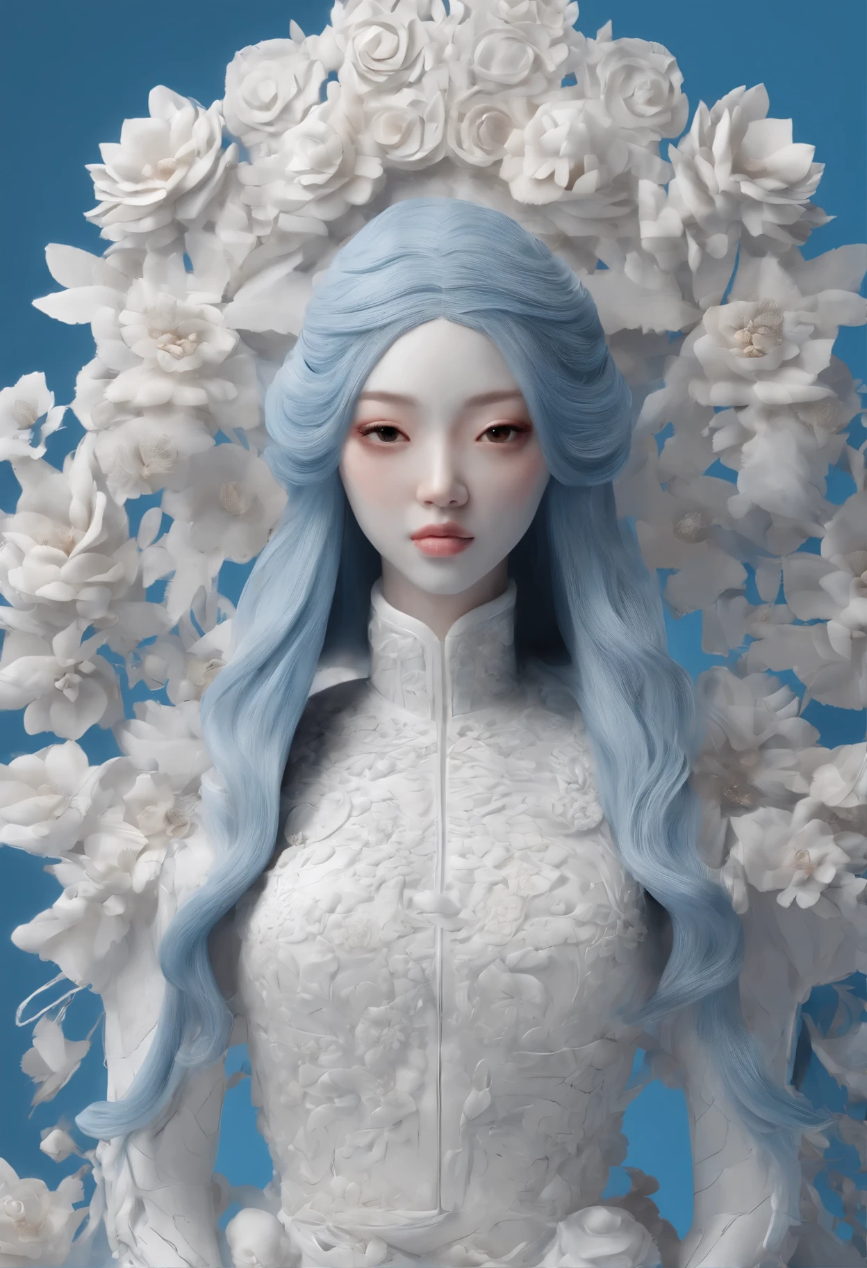 Blue and white porcelain,Ceramic material，FEMALES，Embossed petals，piece of art，long hair, ancient chinese style，long eyelashes, solid round eyes, fake animal ears, A slight smile, blush for ears, fang, Striped hair, gives, gives, Surrealism, surveillance, anaglyph, Stereograms, Tachi-E, viewing angle, atmospheric perspective, 8 k, Super Detail, accurate, Best quality