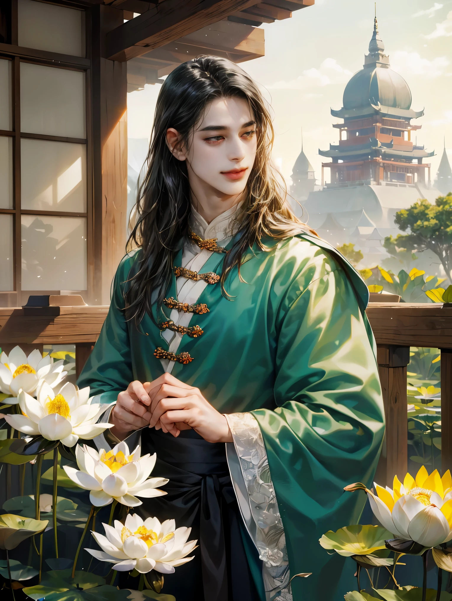 extraordinarily beautiful youth, a bright, innocent smile,All green clothing,(absurdres, highres, ultra detailed, HDR), masterpiece, best quality, 1 boy , maleficent movie, boy character ,((Thick black long hair)),beautiful face,detailed interior, detailed character,((man)),(lotus Flowers), black hair,he smile,(white lotus),The Scum Villain's Self-Saving System,1man,the house of ancient China , pure white lotus,beautiful and cute man ,(long black hair),black eyes,((solo man)),(he has a Big eyes, charming lips, slim nose and small face),(slim figures and no muscle)