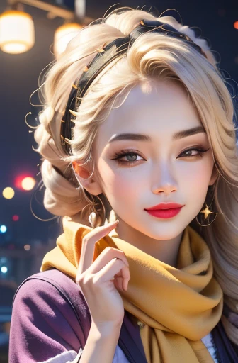 1 girl, ahog, Bangs, blonde hair, blow a kiss, blue eyes, blue scarf, brown scarf, split, Keep your mouth shut, eyelash, Face, flowing hair, hair between eyes, Heart, lips, lipstick, long hair, looking at the audience, cosmetic, night Sky, nose, one eye closed, orange scarf, pink lips, pink scarf, portrait, purple eyes, actual, red lips, red scarf, scarf, sign, Smile, alone, space, spoken Heart, Star (Sky), Starry Sky, Upper body, watermark, yang xiao long, yellow scarf
