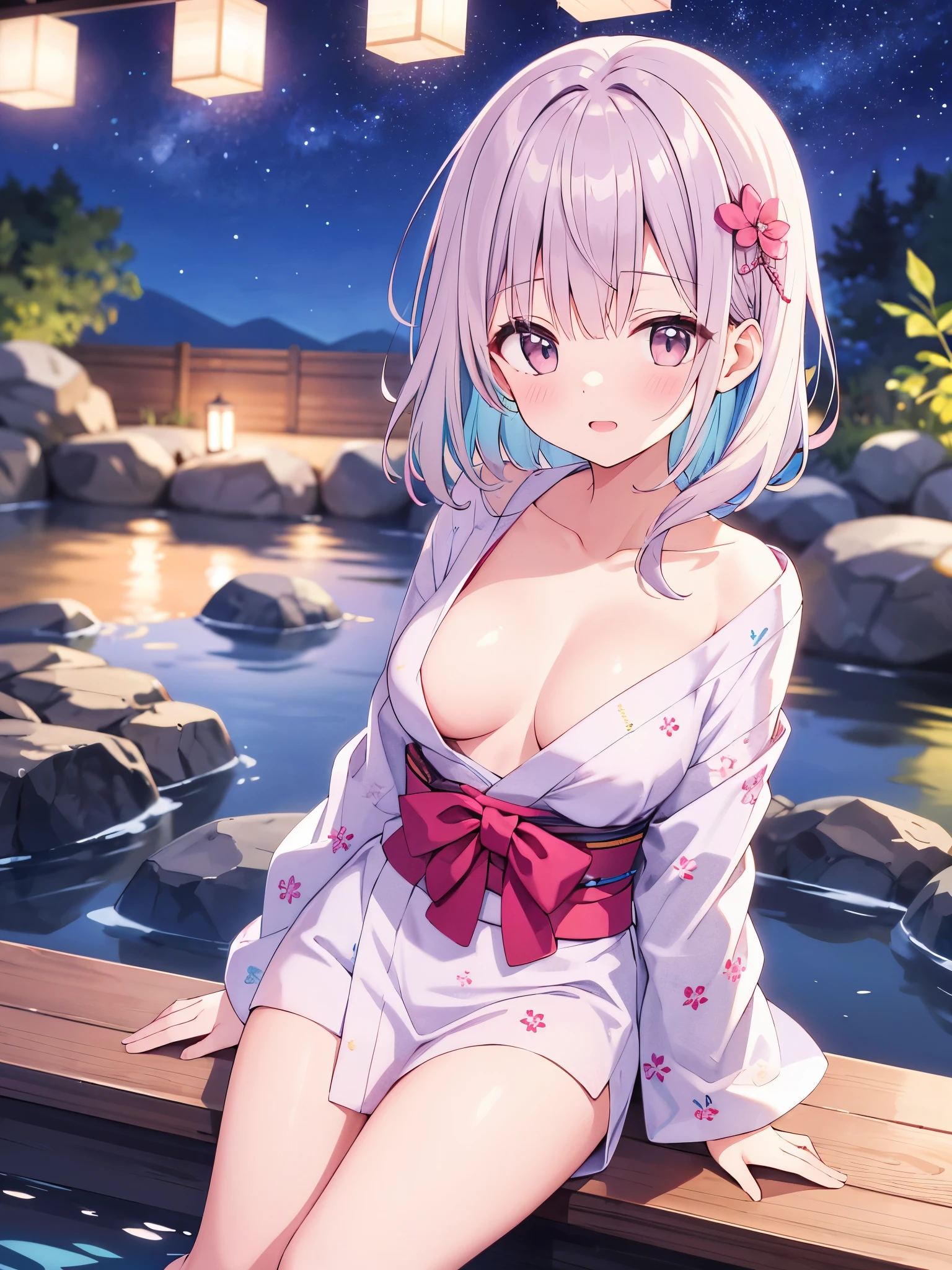 （masterpiece）、(highest quality)、((Super detailed))、(super delicate)、pastel colored hair、beautiful breasts、yukata、Hot spring at night、fantastic starry sky