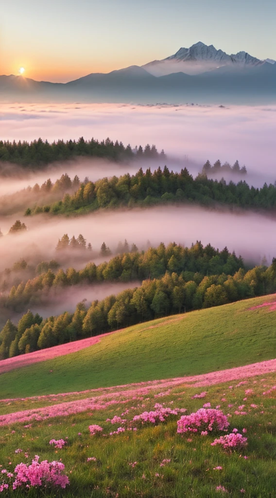 a twig of an apple tree
with pink flowers below it is a meadow full of beautiful flowers on the horizon there are mountains in the fog with the rising sun bright colors romantic style