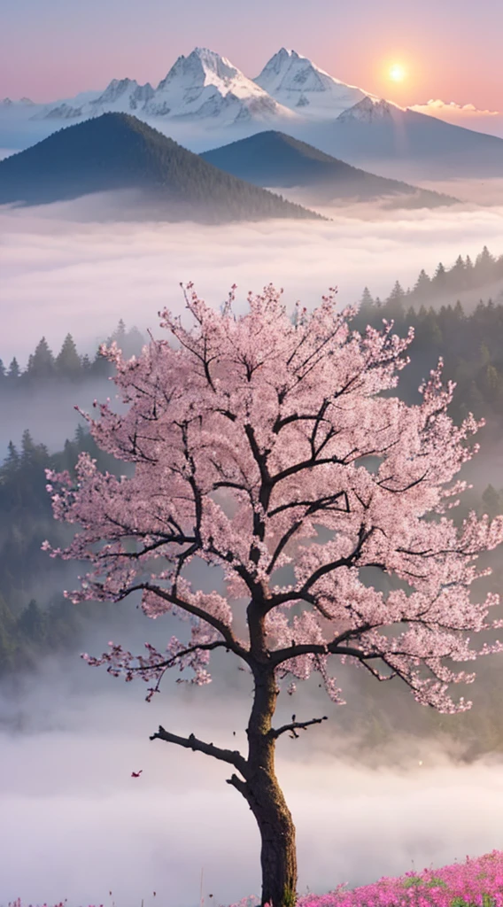 a twig of an apple tree
with pink flowers below it is a meadow full of beautiful flowers on the horizon there are mountains in the fog with the rising sun bright colors romantic style