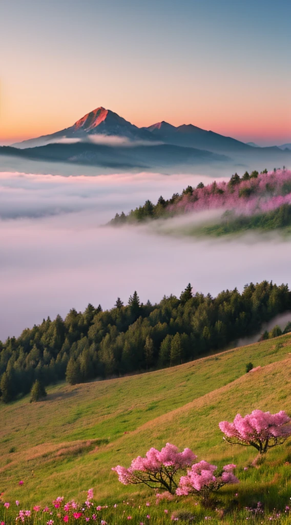 a twig of an apple tree
with pink flowers below it is a meadow full of beautiful flowers on the horizon there are mountains in the fog with the rising sun bright colors romantic style