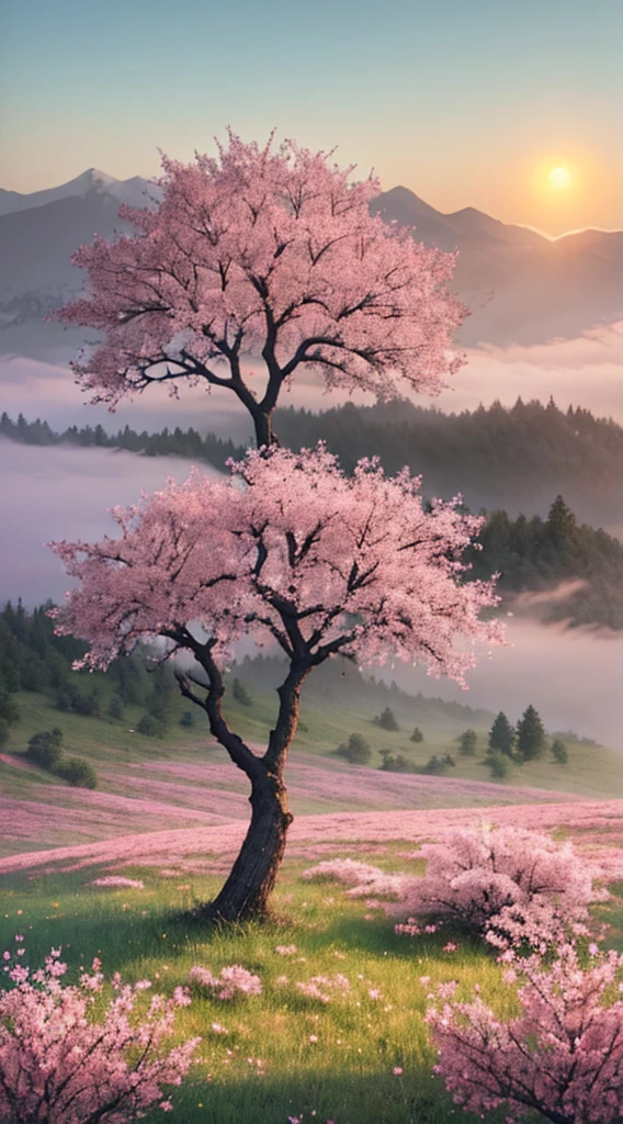 a twig of an apple tree
with pink flowers below it is a meadow full of beautiful flowers on the horizon there are mountains in the fog with the rising sun bright colors romantic style